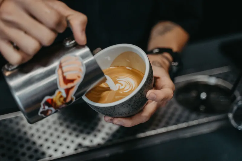 A latte on a wooden table