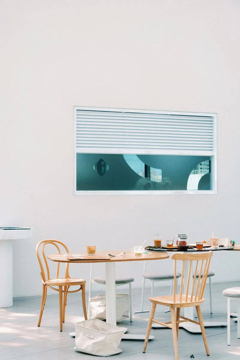 Inside the café under warm light